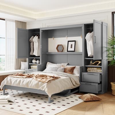 Foldable Bed Frame Wooden Murphy Bed Queen Size Wall Bed Cabinet with Wardrobe and Storage Drawers for Bedroom or Guest Room