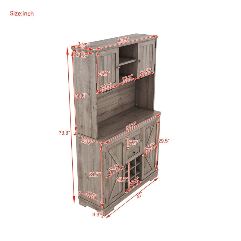 Farmhouse Home Bar Wine Storage Cabinet, Buffet Sideboard Kitchen Pantry with Adjustable Shelves, Drawers & Wine Glass Racks