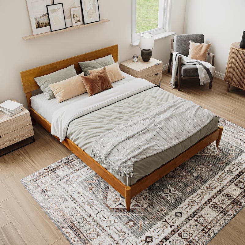 Modern Platform Bed - Low Profile Wood Bed Frame with USB Charger & Adjustable Headboard