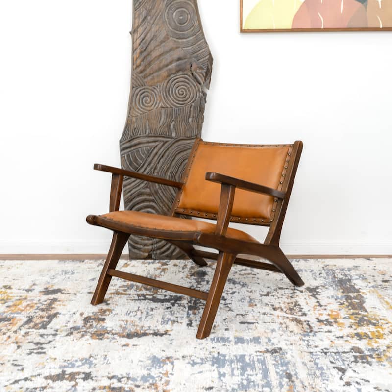 Marino Mid Century Modern Furniture Style Wide Top Leather Antique Tan Accent Armchair - Tan