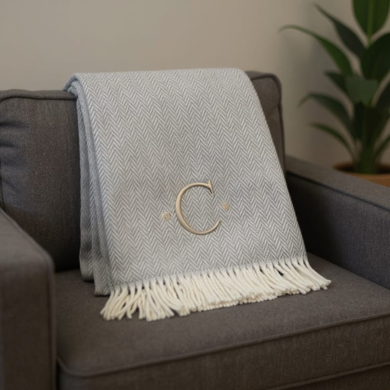 55" X 70" Gray And White Herringbone Cotton Blend A Initial Throw Blanket with Tassels And Embroidery - C