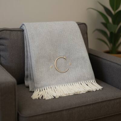 HomeRoots 55" X 70" Gray And White Herringbone Cotton Blend C Initial Throw Blanket with Tassels And Embroidery