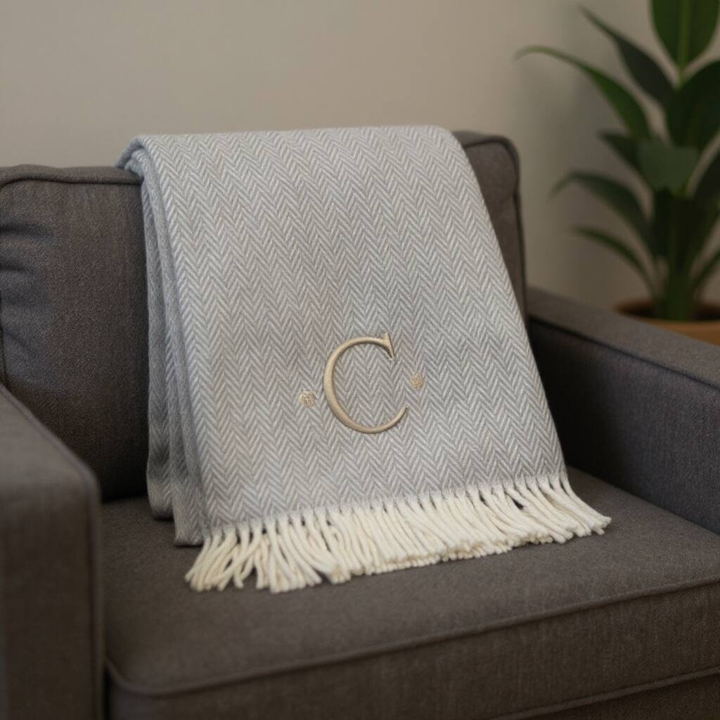 HomeRoots 55" X 70" Gray And White Herringbone Cotton Blend C Initial Throw Blanket with Tassels And Embroidery