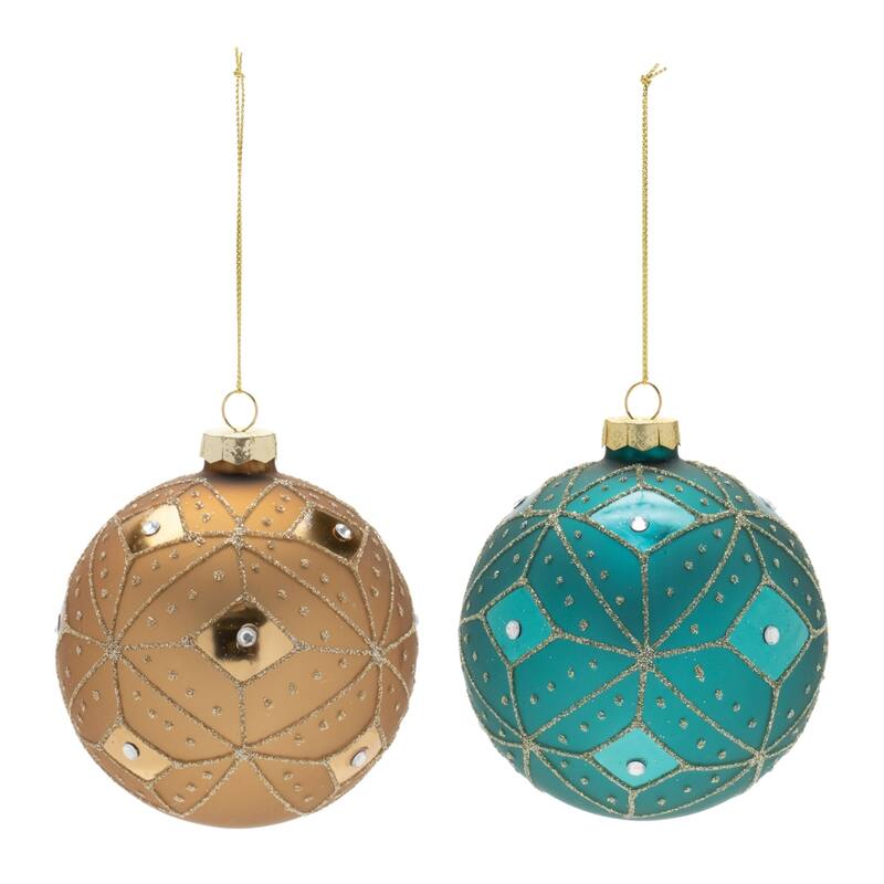 Geometric Glittered Glass Christmas Ball Ornaments - 4" - Teal and Gold- 6ct