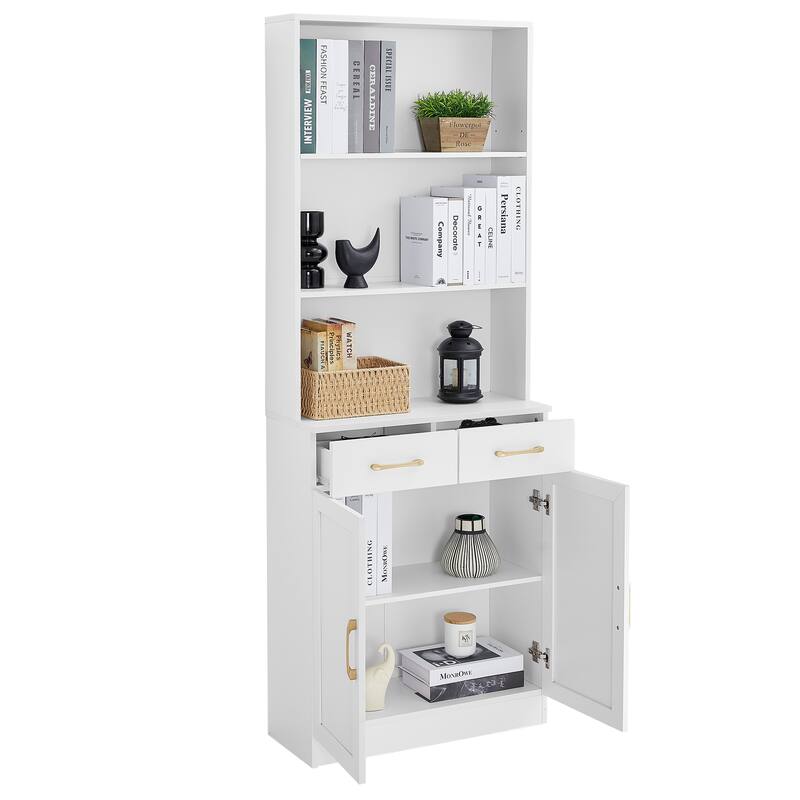 Storage Cabinet for Bathroom, 2 Doors Wooden Cabinet with 2 Drawers Three-layer Open Shelf, Bathroom Floor Cabinets