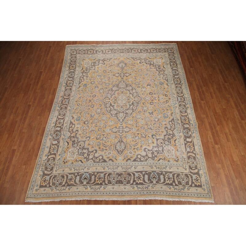 Hand Knotted Oriental 100% Wool Carpet Traditional Floral Yellow & Gold Mashad Area Rug - 12' 5'' X 9' 4''