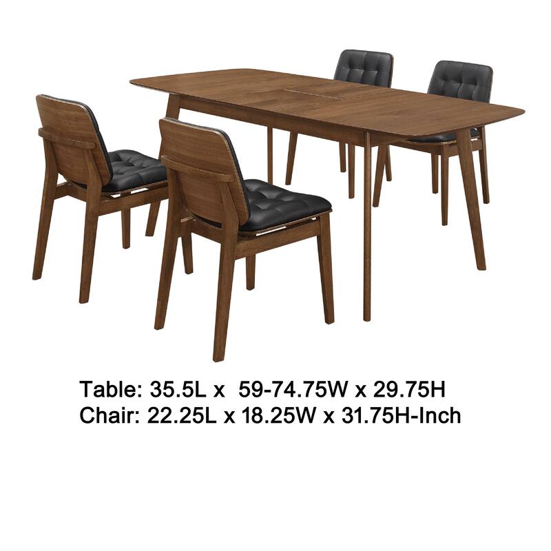 Bera 5pc Dining Set w Chairs, 59-75 Inch Extendable, Walnut Brown, Black Faux Leather