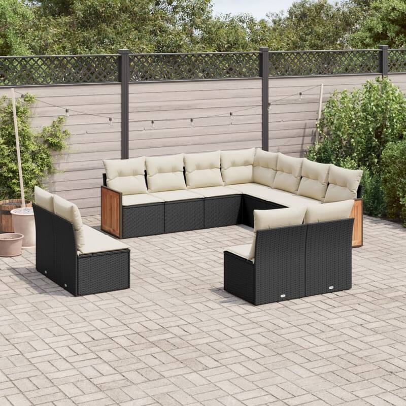 vidaXL Patio Sofa Set with Cushions Outdoor Conversation Furniture Poly Rattan - Black and Cream - 24.4 x 24.4 x 27.2
