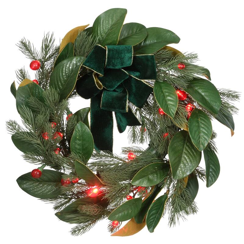 National Tree Company 2 ft. Magnolia Mix Pine Wreath with LED Lights and Bow - 2 ft