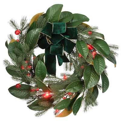 24" Magnolia Mix Pine Wreath with LED Lights and Bow - Green - 24 in