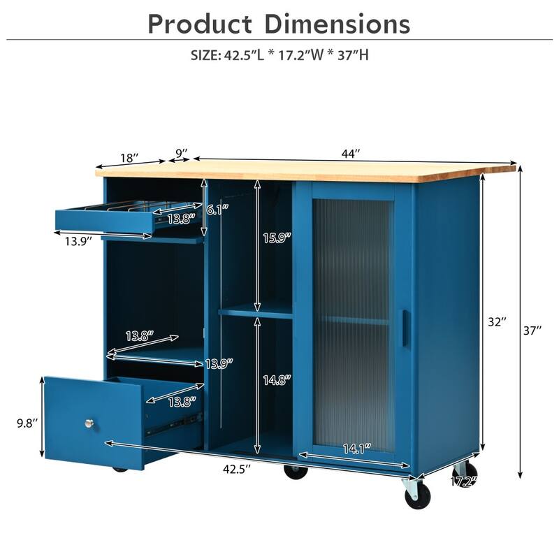 LED Light Kitchen Cart with Drop Leaf and Adjustable Shelf