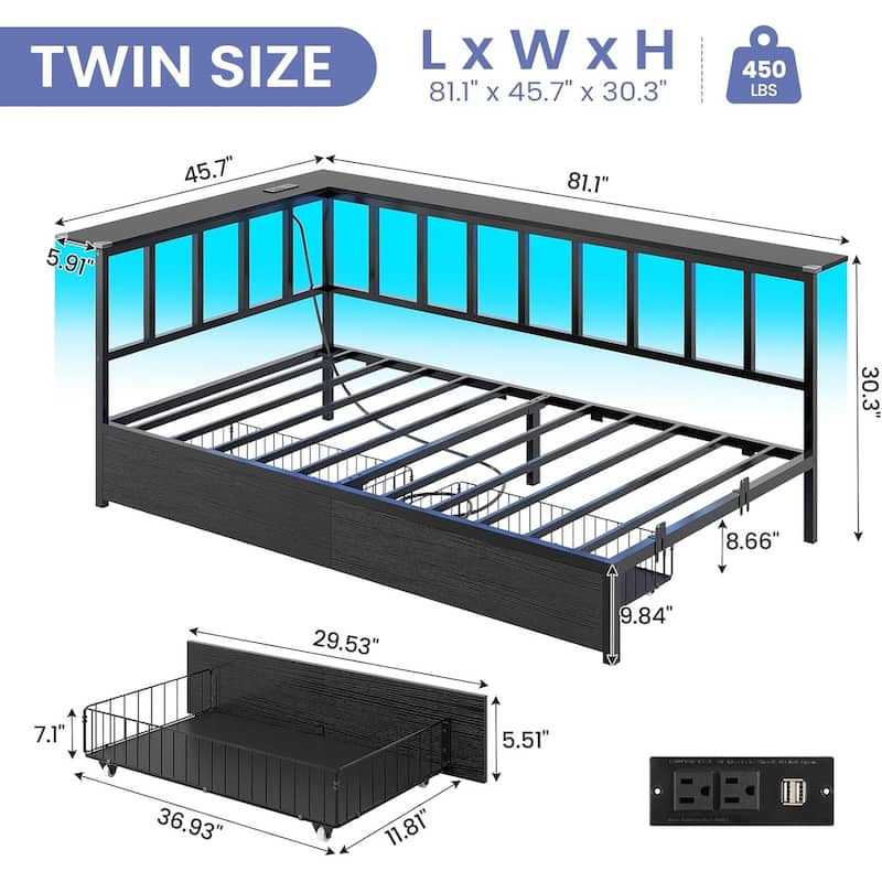 Corner Bed Frame 2 Storage Drawers Daybed Charging Station LED Lights