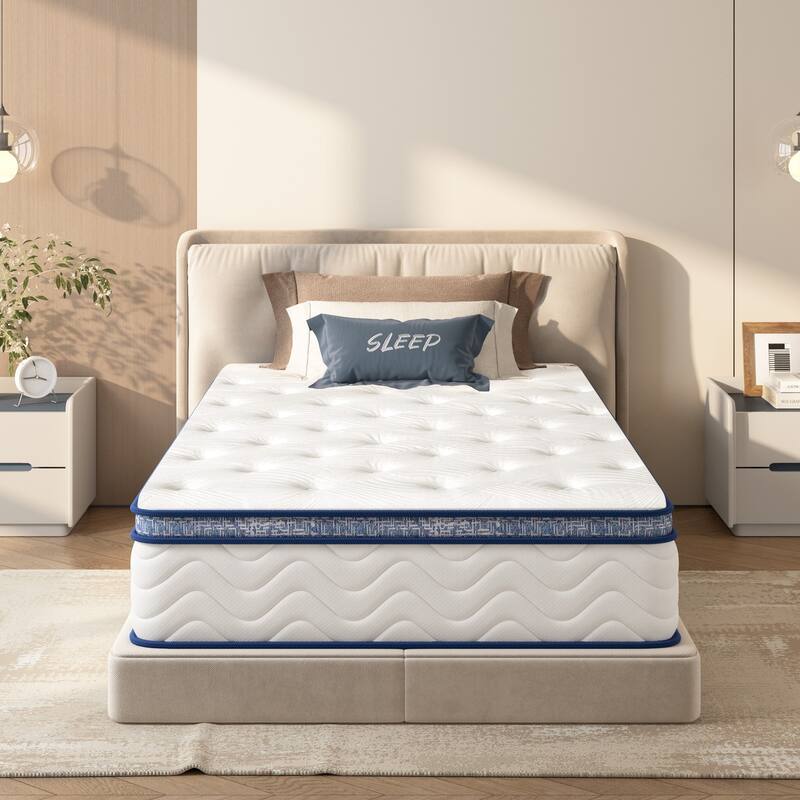Twin Size Mattress 12 Inch Hybrid Mattress Individually Pocketed Innerspring Medium Firm - White - Twin