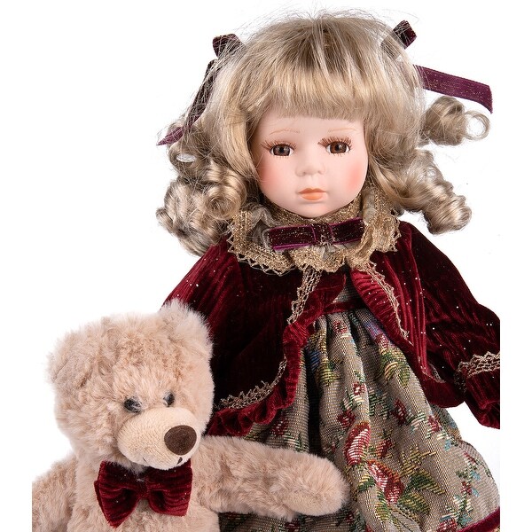 Vintage Porcelain Doll with Teddy Bear / Christmas Figurine - Bed