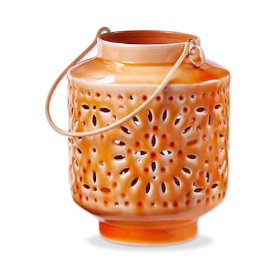 Aura Enamel Lantern Small Tangerine - Candle Holder for Summer & Spring, 4.75" H x 3.5" L x 3.5" W