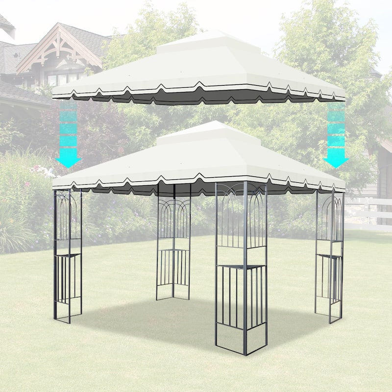 10x10 Ft Double Tiered Outdoor Gazebo Replacement Canopy with Drain Holes and Mosquito Netting - Beige