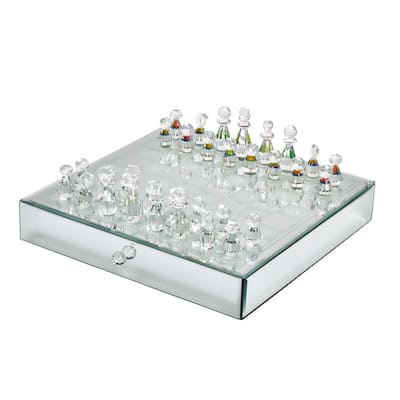 Sagebrook Home Modern Glam Crystal Mirrored Chess Set, Silver, Square, 2"H Table Games - 14" x 14" x 2"