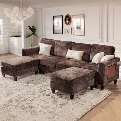 118" U-Shaped Modular Sectional with Storage Ottomans & Drop-Leaf Table - 4-Seat Plush Fabric Sofa for Large Living Rooms