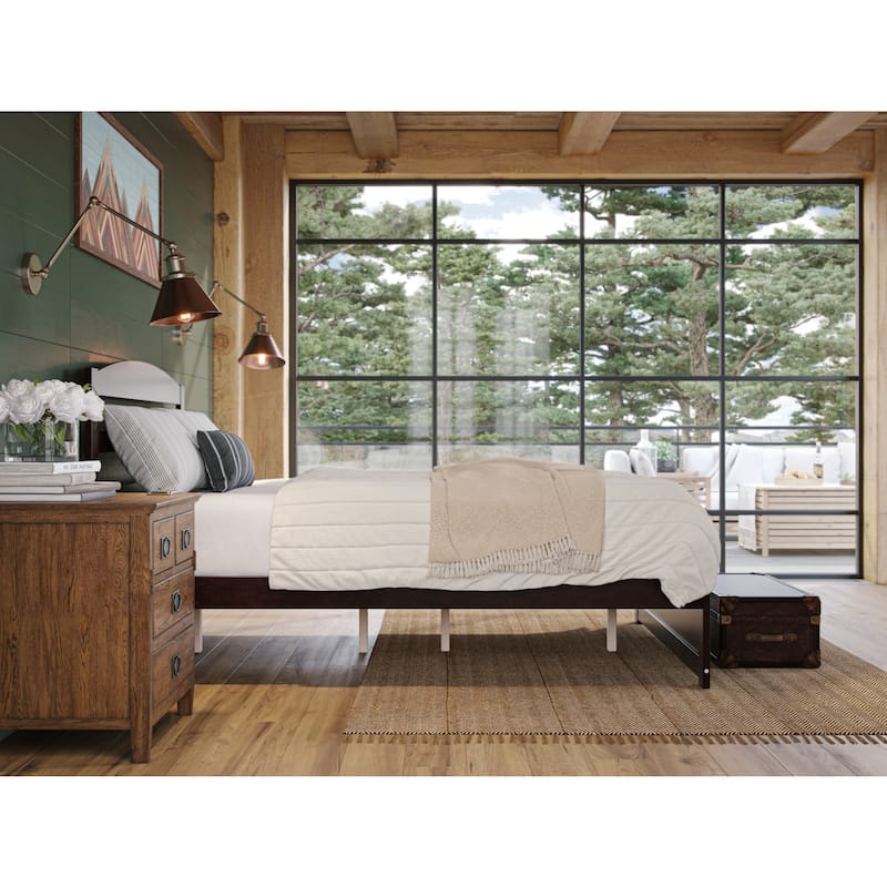 Rustic Queen Platform Bed - Solid Wood Bed Frame with Footboard & Charging Station, Espresso Finish