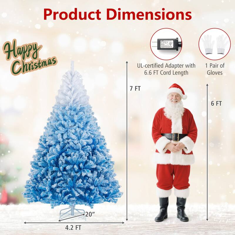 5/6/7/8 FT Pre-Lit Snow Flocked Christmas Tree Artificial Hinged Tree - Blue+White - 7 Foot