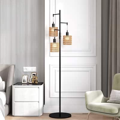 3-Light Boho Dimmable Rattan Shade Tree Floor Lamp