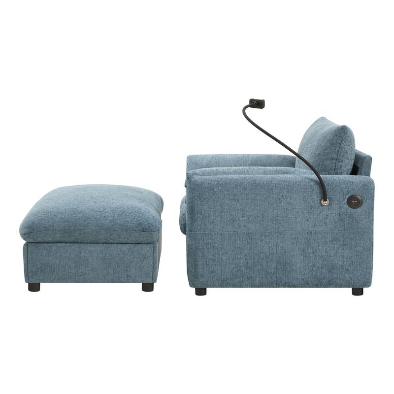 Roomfitters 37" Single Sofa with Storage Ottoman, Chenille Armchair with Phone Holder and Charging Ports, Lounge Chair