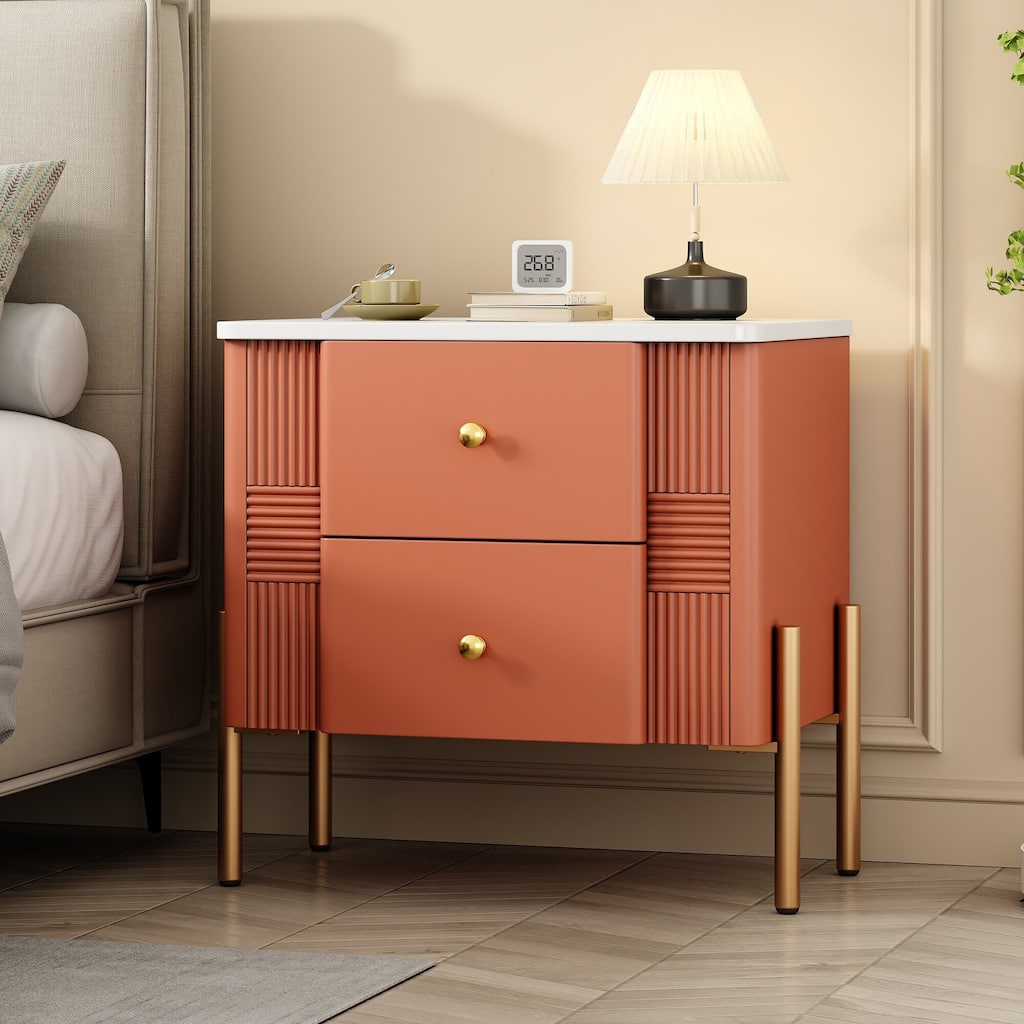 Modern Fluted Nightstand with 2 Drawers, Golden Metal Handles and Legs, Multi-Scene Use, Easy Assembly, Orange