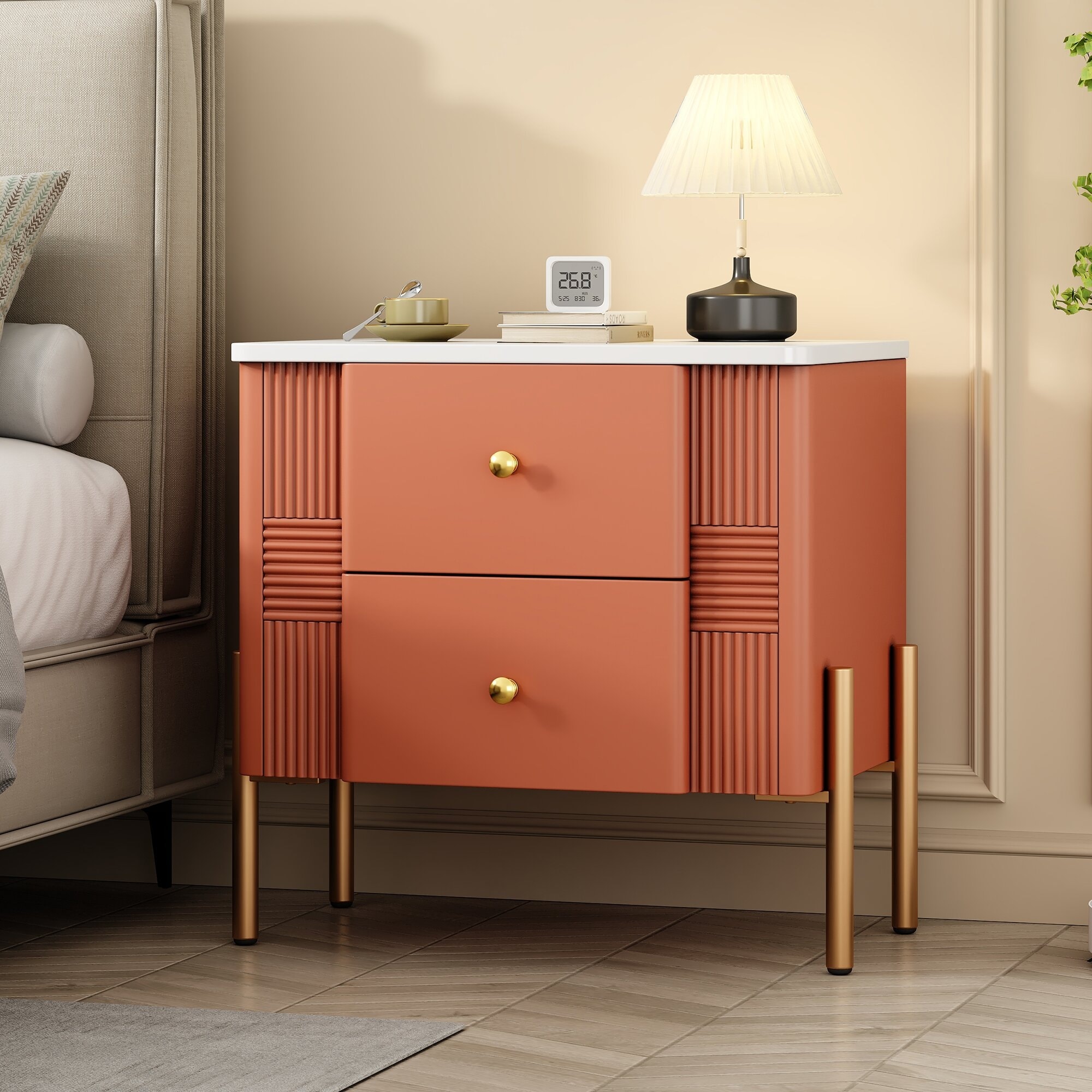 Modern Nightstand with 2 Storage Drawer, Fluted Bedside Table with Golden Metal Handles, End Table for Living Room