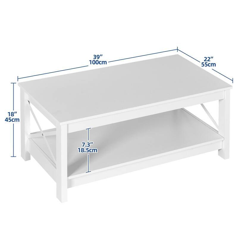Moasis Farmhouse Coffee Table with Shelf, 2-Tier Center Table for Living Room