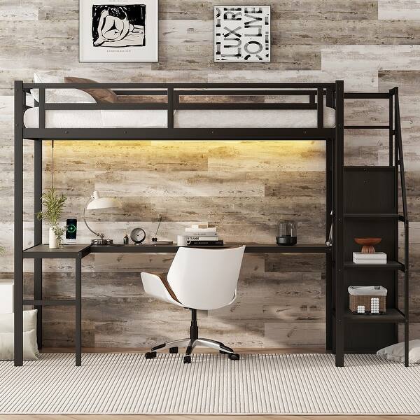 slide 2 of 10, Metal Twin XL Size Loft Bed with L-shaped Desk, USB, Wardrobe, Shelf and LED Black