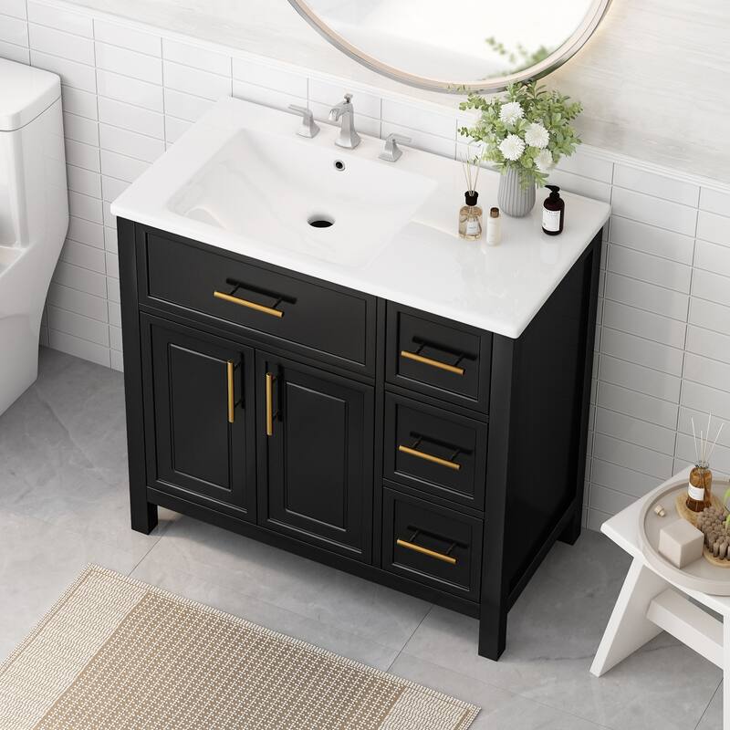 36" Bathroom Vanity with Sink Top,Bathroom Vanity Cabinet with Two Doors and Three Drawers,Solid Wood,MDF Boards - Black