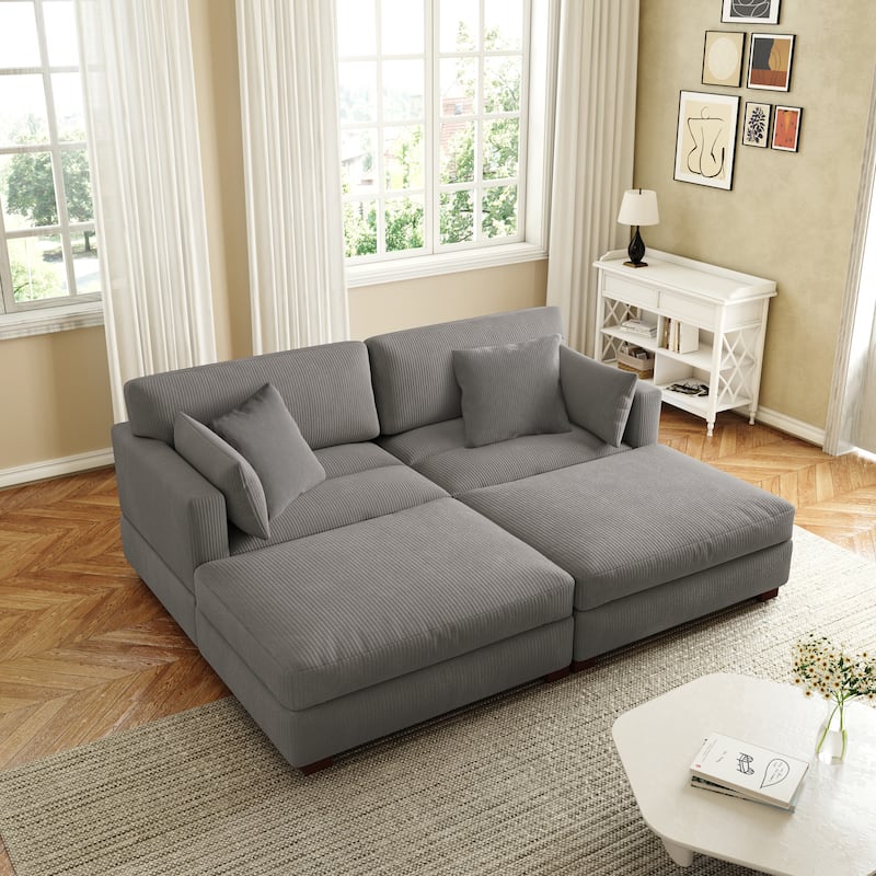 Corduroy Modular Sectional Sofa Deep Seat Corner Sofas & Ottomans - Light Grey-2Pillows