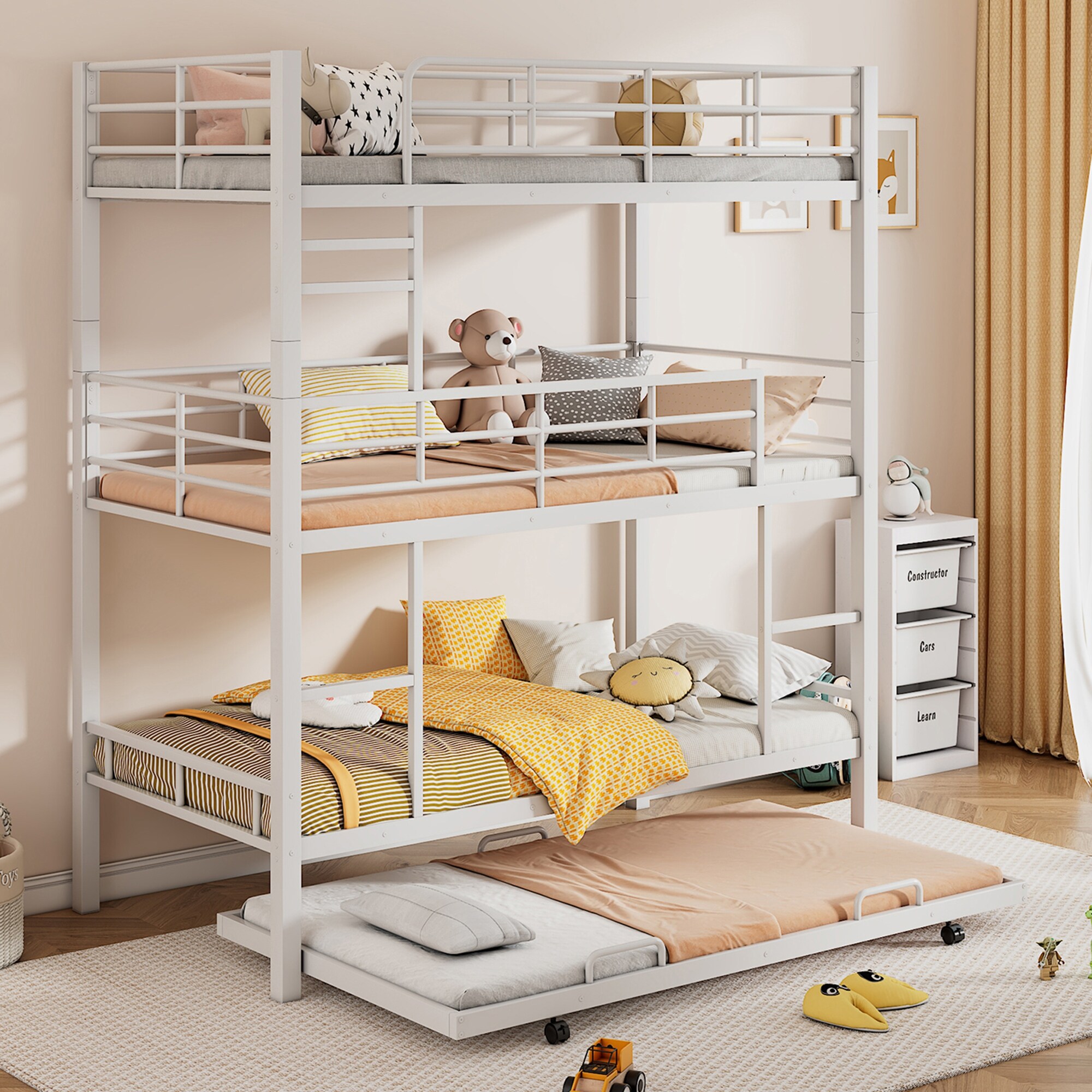 Heavy Duty Triple Bunk Bed 3 Bunk Bed with Trundle Kids Bunk Bed with 2 Ladders Guardrails for Dorm Bedroom Easy to Assemble
