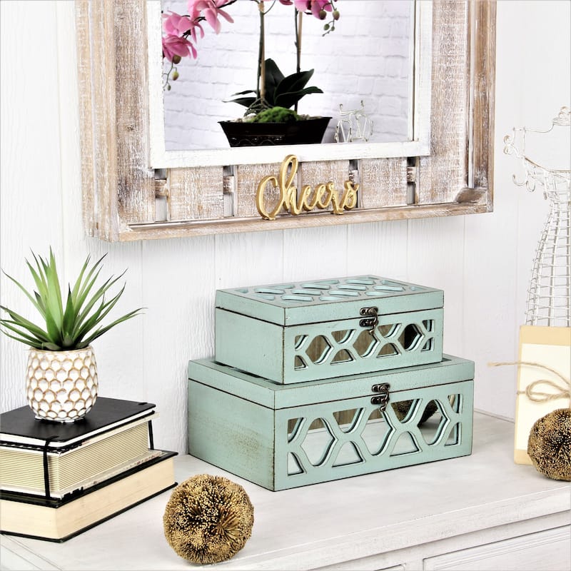 Blue Wood Moroccan Style Mirrored Storage Box (Set of 2) - W: 11.75" x D: 7.75" x H: 4.75" - Blue