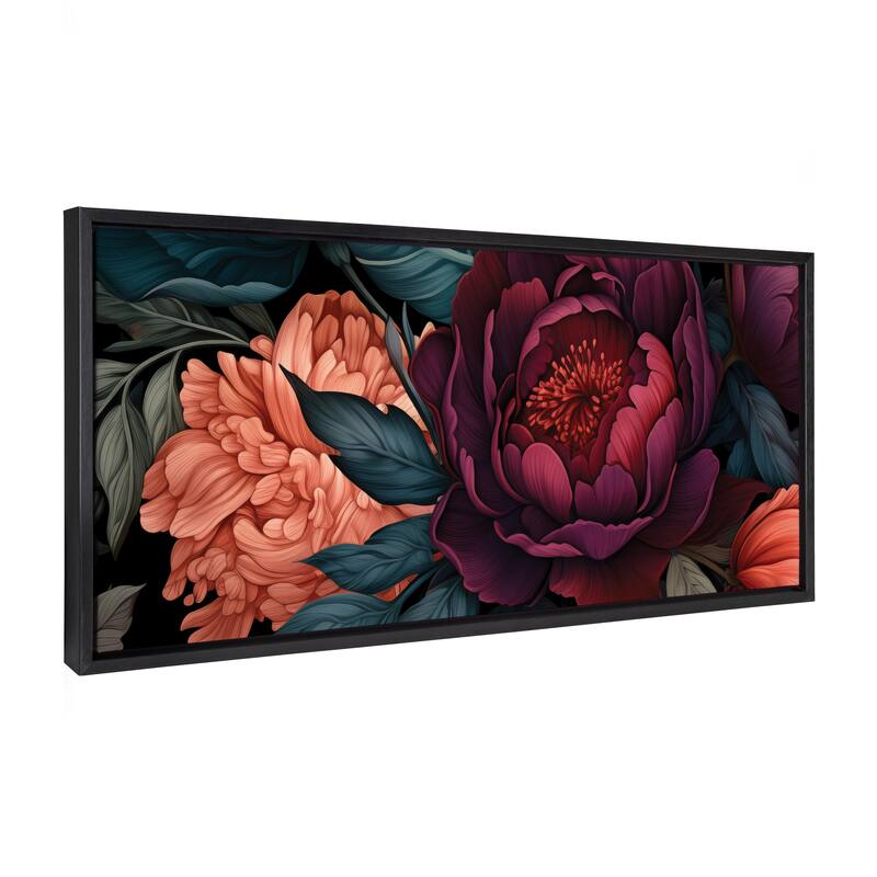 Kate and Laurel Sylvie Dark Academia Floral in Rich Jewel Tones Framed Canvas by The Creative Bunch Studio - 18x40 - Black