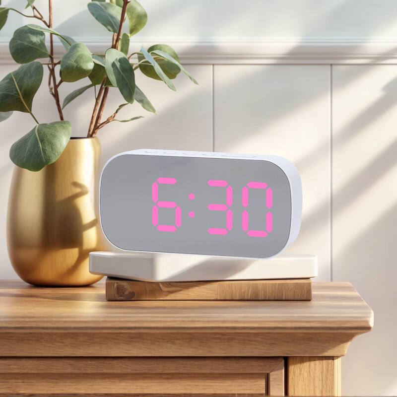Small Oval Digital Alarm Clock Bedroom, Alarm Clocks Big Numbers Adjustable Dimmable Snooze, 12/24H Deep for Sleepers - White Pink