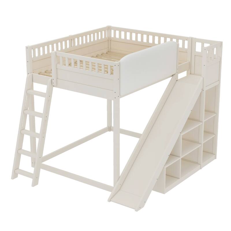 Minimalist Wood Loft Bed Frame with Upholstered Headboard, Storage Open Shelves, Safety Guardrails, Ladder and Slide for Kids
