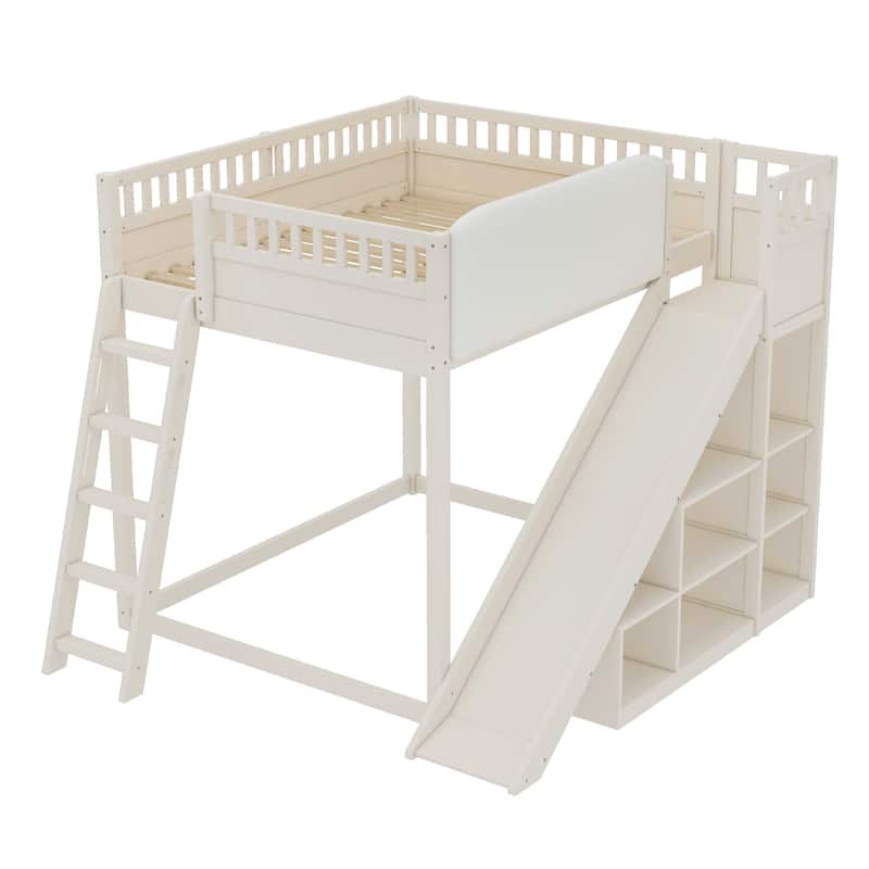 Queen/Full Loft Bed with Upholstered Headboard, Storage & Slide