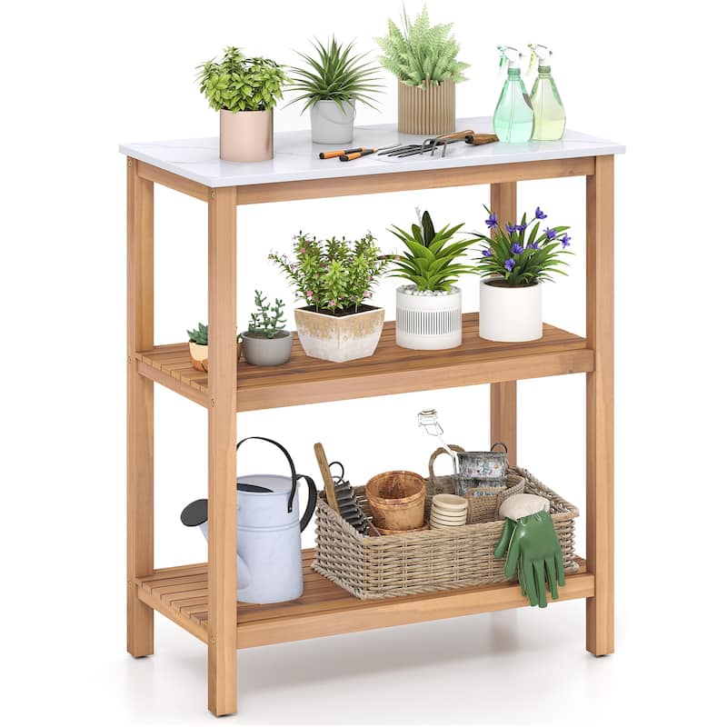 Gymax 3-Tier Patio Garden Potting Bench Table w/ Acacia Wood 2 Slatted - Brown