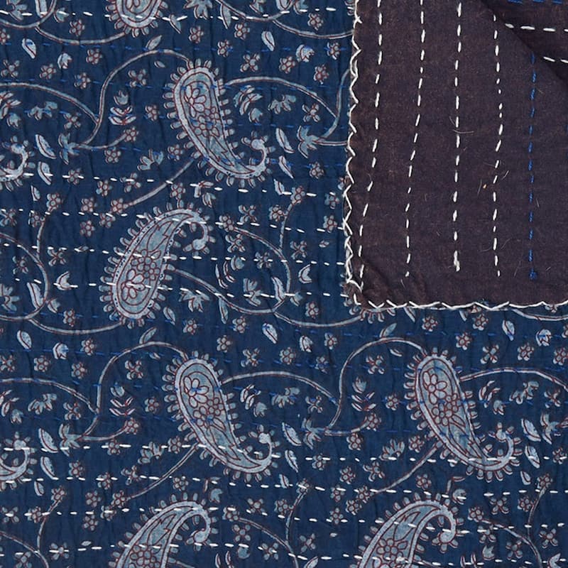 HomeRoots 50" X 70" Blue and Gray Kantha Cotton Paisley Throw Blanket with Embroidery