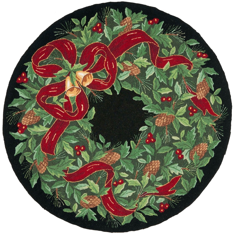 SAFAVIEH Hand-hooked Vintage Poster Arvida Holiday Wool Rug - 3' x 3' Round - Black/Green