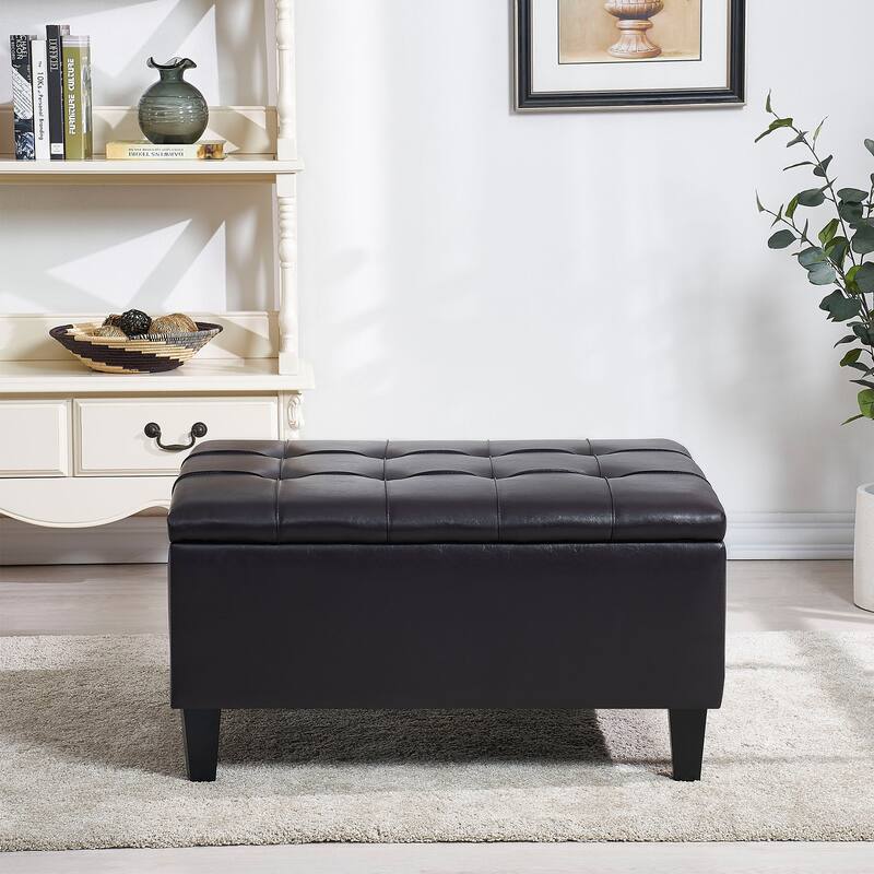 Large Mid-Century Tufted Faux Leather Storage Ottoman