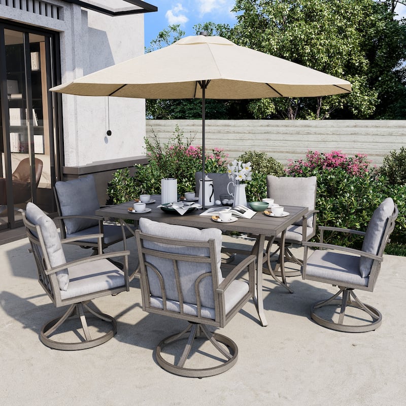 7-Piece Aluminum Patio Dining Set with 6 Swivel Dining Chairs and Washable Cushions