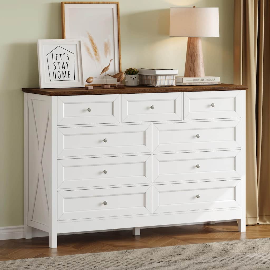 Wooden Rustic Storage Dresser with 9 Drawers and Silver Handles