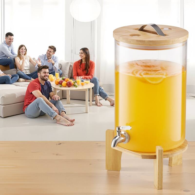 Transparent Borosilicate Glass Beverage Dispenser with Wicker Stand - 9.06” L x 9.06” W x 17.72” H