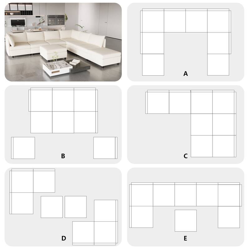 Beige 129'' Convertible 8 Seater Modular Sectional Sofa with Storage Ottoman, Comfortable Sleeper Options