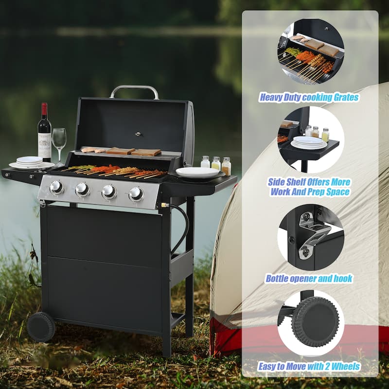Propane Gas Grill 4 Burner Barbecue Grill, Stainless Steel Grill with 2 Shelves Lid Wheels and Bottle, for Opener Patio Garden