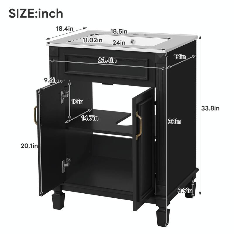 24'' Bathroom Vanity with Sink - Modern Storage Cabinet with 2 Soft-Closing Doors and Adjustable Shelf
