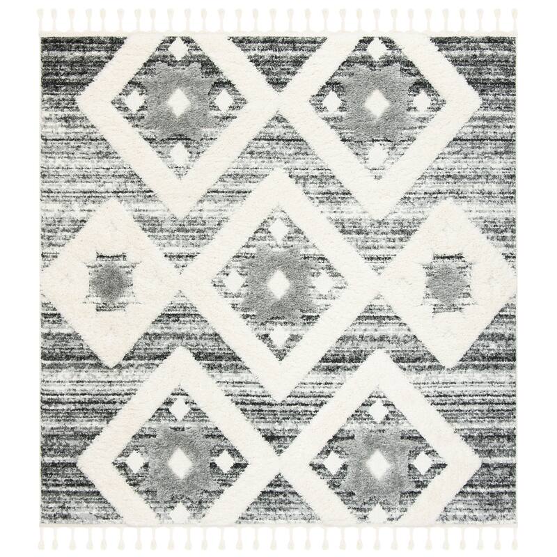 SAFAVIEH Moroccan Tassel Shag Nanke 2-inch Thick Rug - 6'7" Square - Grey/Ivory
