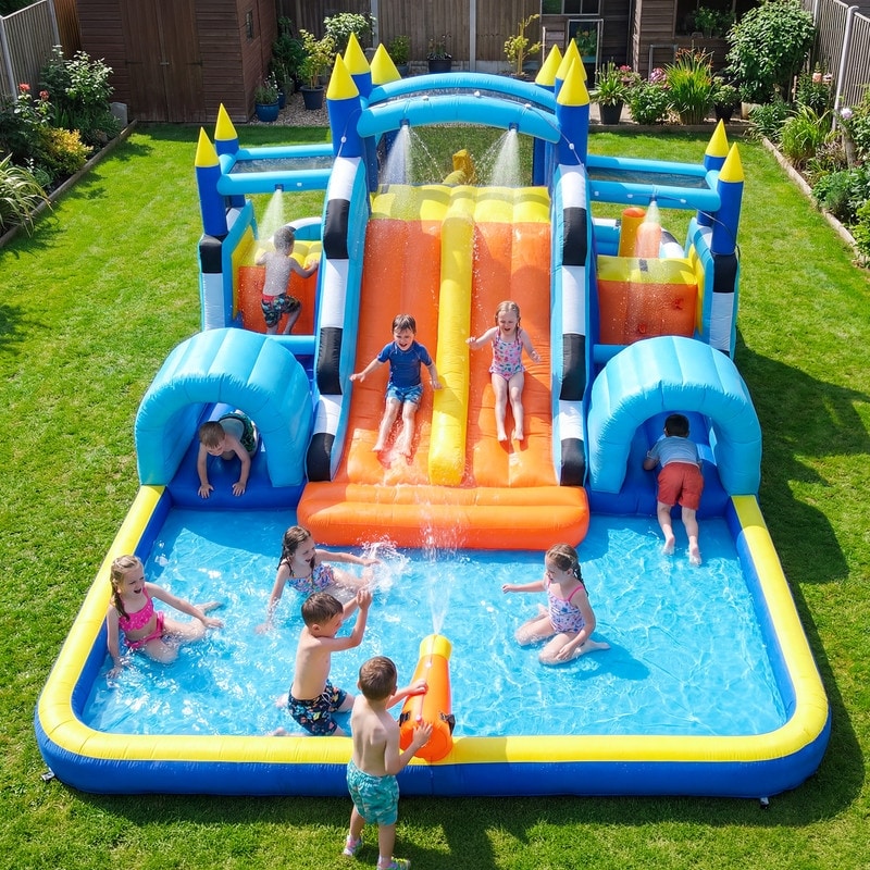 19.4ft x 11.5ft x 7.7ft Inflatable Bounce House Double Water Slide with Dual Obstacle Course